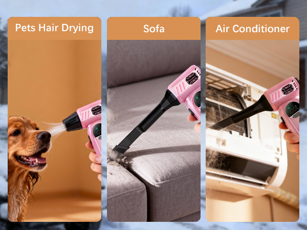 Pink air duster used for sofa cleaning and air conditioner dust removal with strong airflow