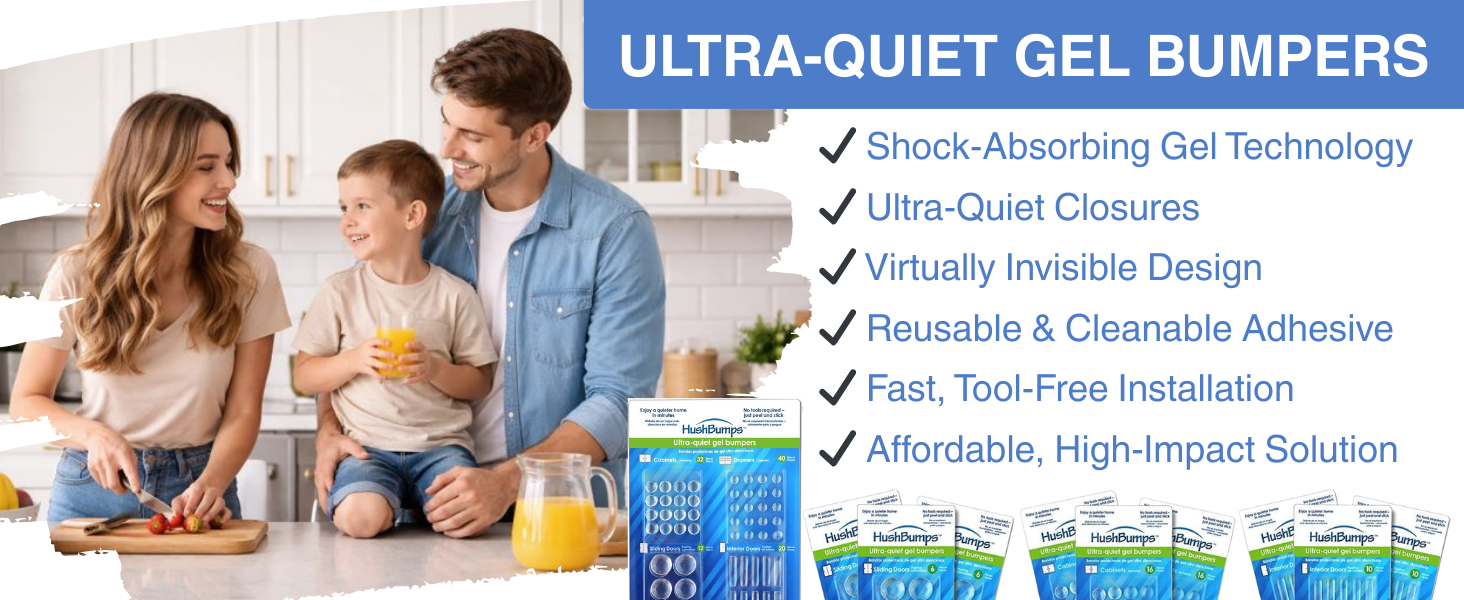 Ultra-quiet HushBumps gel bumpers packaging displayed on a kitchen counter with a smiling family
