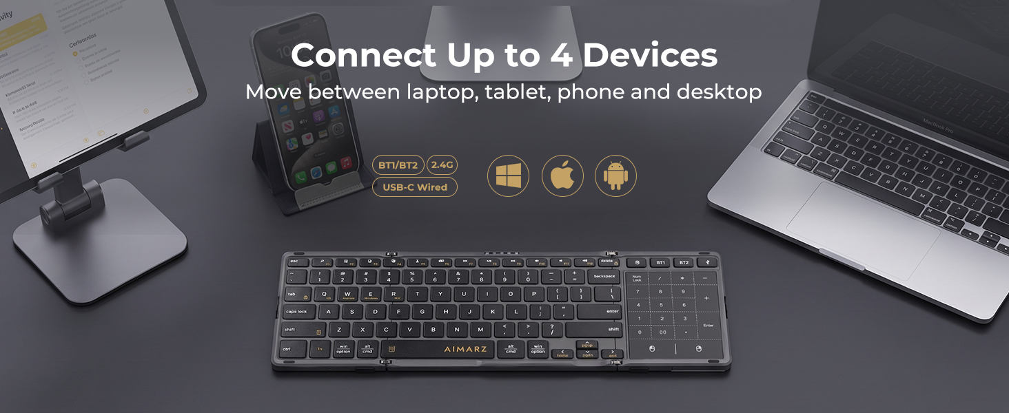 Aimarz AF01 keyboard connected across a laptop, tablet, phone, and desktop setup.