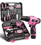 JENABOM Pink Tool Set - 12V Cordless Drill Kit, 151 Piece Box With Hand Drill, Home Tool Kits for...