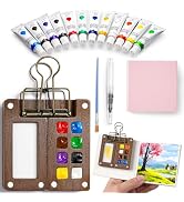 Mini Watercolor Paint Set, 12 Colors Portable Pocket Watercolour Travel Kit with 8 Grid Wood Pain...