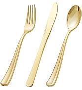 BUCLA 600 Pieces Gold Plastic Silverware - Disposable Gold Utensils - Heavyweight Plastic Cutlery...