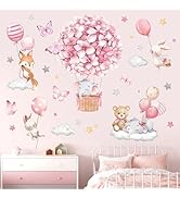 Pink nursery wall decals featuring cherry blossoms, bunnies, bears, hot air balloons, clouds, and stars in a whimsical pastel design.