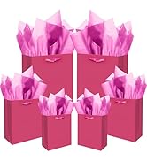 qiqee Bright Pink Gift Bags with Tissue Paper Mulit Assorted Sizes 10PCS Present Party Favor Birt...