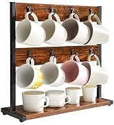 IBUYKE Rustic Coffee Mug Holder Stand, 2 Tier Countertop Mug Tree Holder Rack with Storage Base, ...