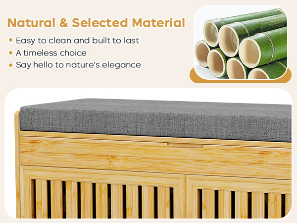 Shoe Storage Bench, Bamboo Entryway Bench with 2 Doors & Padded Seat Cushion