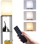 Gupuzm Floor Lamp with Shelves, Modern Square Standing Lamp with 3-Color Remote Control Dimming B...