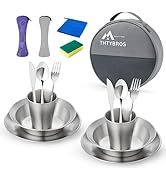 Stainless Steel Camping Mess Kit for 1-4 People,All-in-One Camping Cookware & Tableware Set with ...