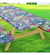 Moosfor Printed Spandex 6 Foot Fitted Picnic Table Cover with Bench Covers | Waterproof Rectangle...