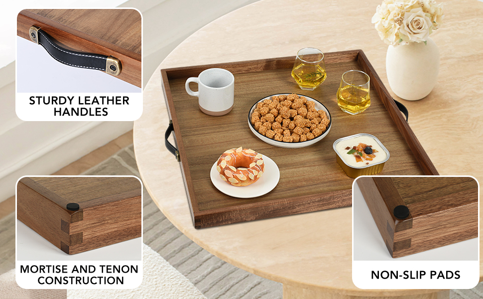 wooden serving tray,large ottoman tray,home decor tray,breakfast and dinning tray,leather handle