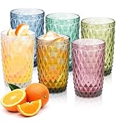 Topsky Highball Drinking Glasses Set of 6,12 oz Colored Glassware with Geometric Diamond Pattern,...
