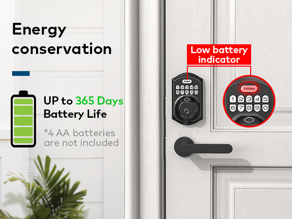 Powered by 4 AA batteries (not included) for up to 365 days, with low-battery alert below 15%