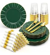 175 PCS Green Plastic Dinnerware Set for 25 Guests Pink Disposable Plastic Plates Heavy Duty Scal...