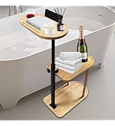 3 Layer Bath Tub Tray Table, Liftable Freestanding Bamboo Bath Tray Caddy for Tub Against Wall, B...