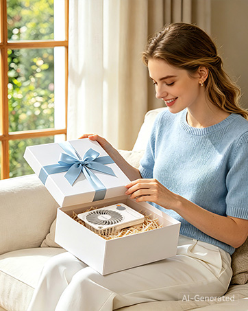 Woman in light blue sweater opening cream-colored gift box on beige bed. White ribbon decoration visible. Indoor home setting with window in background showing natural daylight.