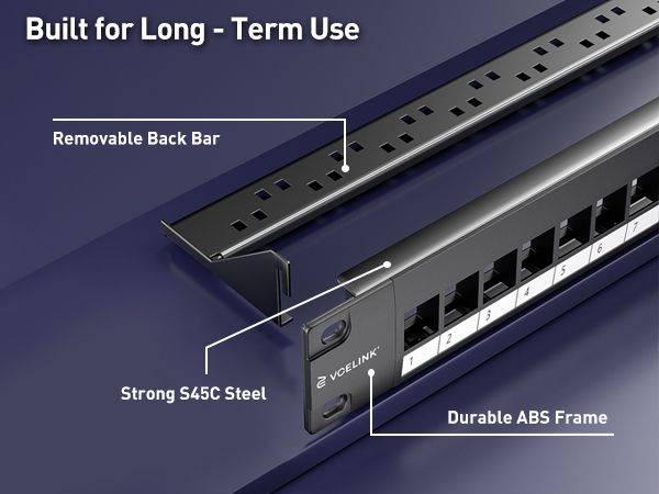 Text reads 'Built for Long-Term Use', 'Removable Back Bar', 'Strong SUS Steel', 'Durable ABS Frame'. Technical diagram showing construction details of what appears to be an electronic device housing.