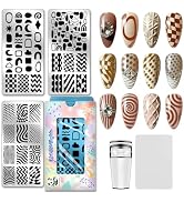 PH PandaHall 3pcs Geometric Texture Nail Stamping Plates Wave Line Nail Art Templates Checkered D...