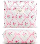 2Pcs Quilted Cotton Makeup Bag Large Travel Makeup Pouch Small Brush Holder Set for Women Cute Fl...