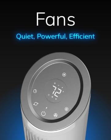 Image of digital display of tower fan with text reading fans quiet powerful efficient.