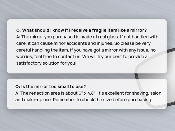 Product Q&A about a fragile mirror. Answers describe it as 6
