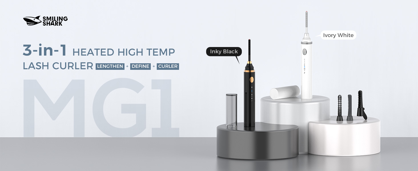 A 3-in-1 heated high temperature lash curler set, including a main device and multiple attachments, displayed on a white and gray background.