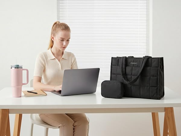 Professional tote keeps laptop, notebook and tumbler handy at your office desk for workdays