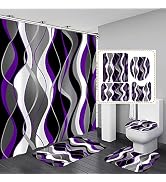 Nkzply 4 Pcs Purple and Black Striped Shower Curtain Set Grey and White Bathroom Sets Purple Mode...