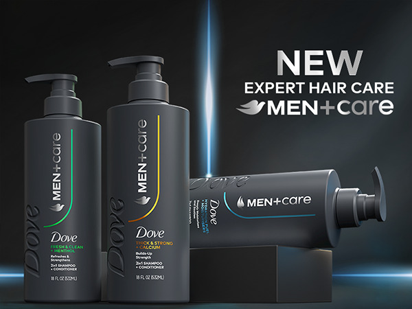 Dove Men Care: sleek gray bottles, modern pumps, dark background. Expert hair care innovation.