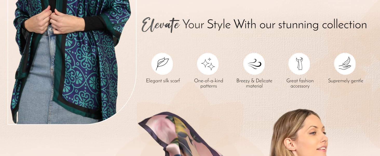 Text reads 'Elevate Your Style With our stunning collection'. Product display with five circular icons showing different features or benefits of a fashion collection.