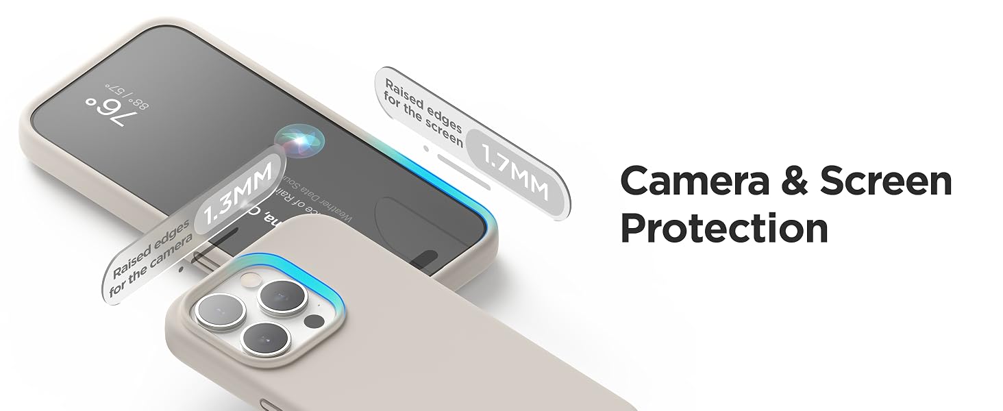 Smartphone case with camera and screen protection. Grey case with blue camera ring and clear protective cover for screen.