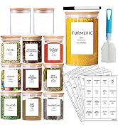 AISIPRIN 12 Pcs Glass Spice Jars with Bamboo Airtight Lids and 114 Labels - 9oz Small Food Storag...