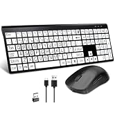 Full Size Wireless Large Print Keyboard and Mouse Set Rechargeable | Quiet Scissor Switch | for S...
