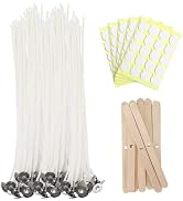 JEAWIWI 100 Pcs Cotton Candle Wicks (10 Inches) with 100 Pcs Wick Stickers and 10 Pcs Wooden Cand...