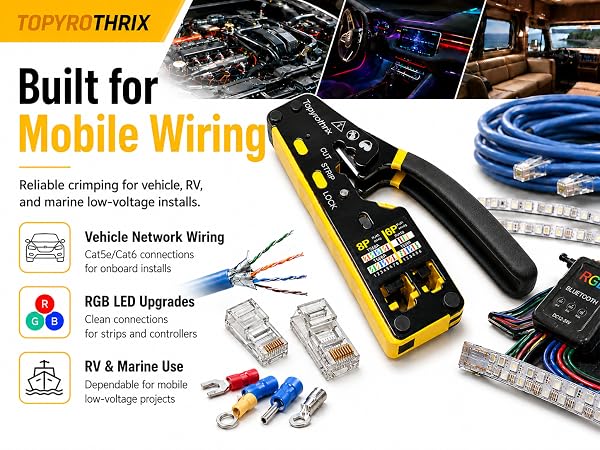TOPYROTHRIX RJ45 crimper for vehicle, RV, LED strip and marine low-voltage wiring