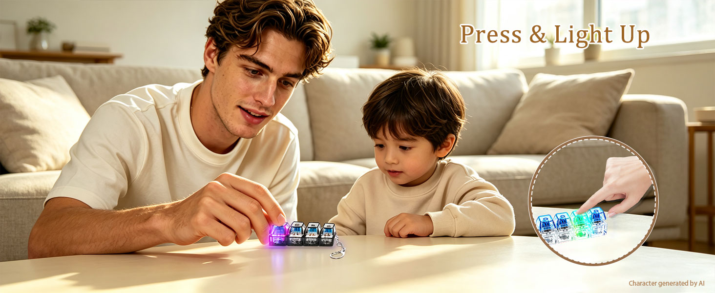 A hand pressing a mini keyboard fidget toy with illuminated colorful keys.