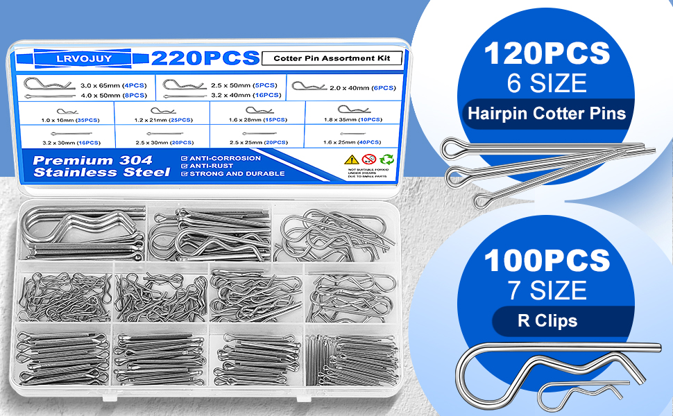Cotter Pin Assortment Kit, 7 Sizes R clips, 6 Sizes hairpins cotter pins