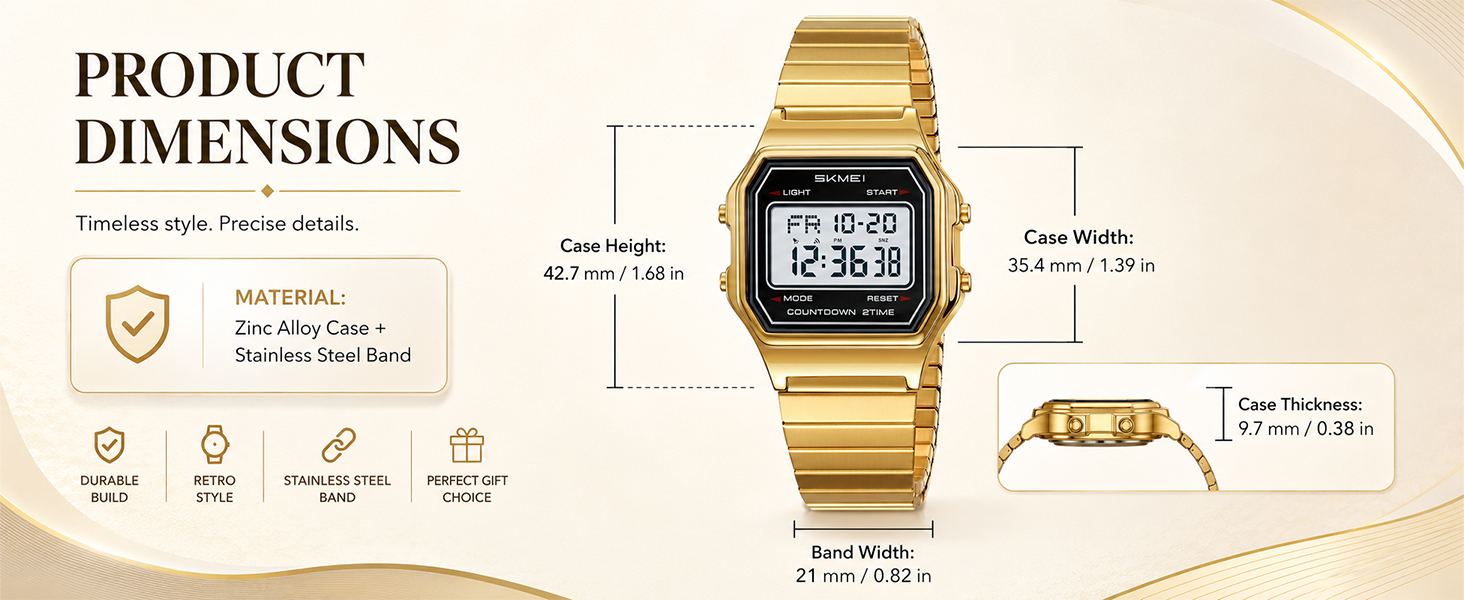 Case size chart for rectangular timepiece, zinc alloy case and slim 9.7mm body