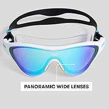arena The One Swim Mask closeup with details on panoramic wide lenses for crystal-clear vision