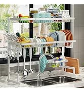PUSDON 3 Tier Adjustable Dish Drying Rack Over Sink (34"-45") Large 2 Cutlery Holders Drainer for...