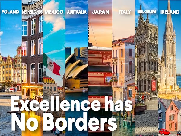 Landmark features different countires with text Excellence has No Borders