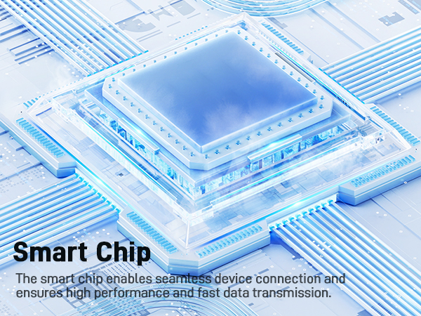 Close-up of a blue computer chip on a circuit board. Text reads 'Smart Chip' with a description of its capabilities for device connection and data transmission.