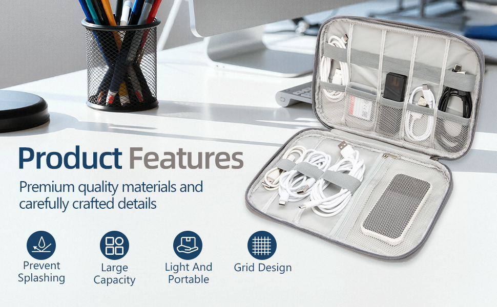 Portable electronic accessories case with splash prevention and large capacity grid design
