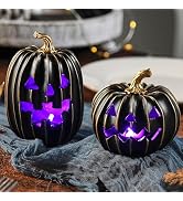 FESTGLOX Light Up Black Jack O Lantern Pumpkins for Indoor Halloween Decor | 2Pcs Resin Halloween...