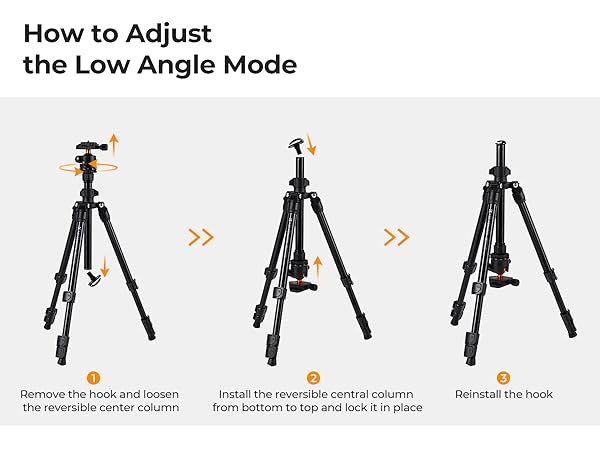 Text reads 'How to Adjust the Low Angle Mode'. Series of technical instruction images showing tripod adjustment steps with orange directional arrows.