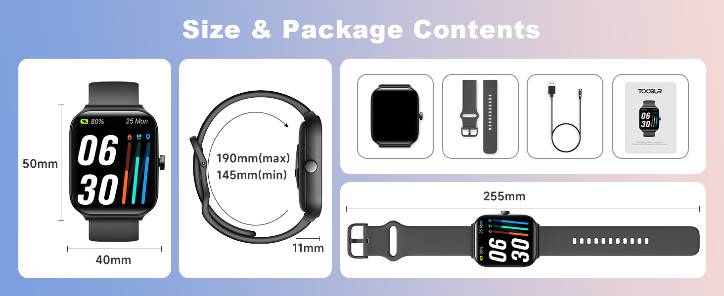 Smartwatch package contents: 40mm watch with 1.69-inch display, 11mm thick. Includes charger, strap, and manual. Watch face shows 06:30.
