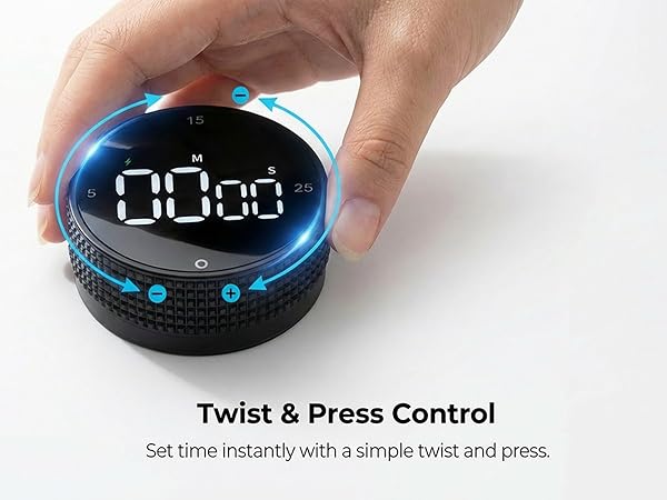 Text reads 'Twist & Press Control' and 'Set time instantly with a simple twist and press.' Black circular device with blue LED display showing time digits.