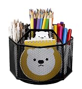 Comix 360° Rotating Pen Holder for Desk, 5 Compartments Office Desk Organizer, Black Mesh Metal P...
