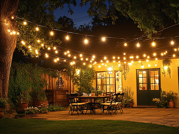 Outdoor evening setting with warm string lights illuminating a patio area, featuring tables and chairs against brick building with lit windows.