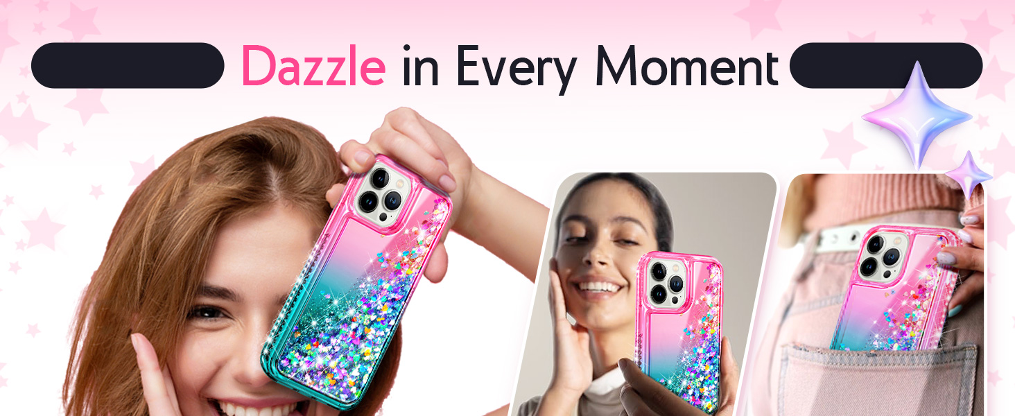 Pink aqua liquid glitter phone case with feminine lifestyle design