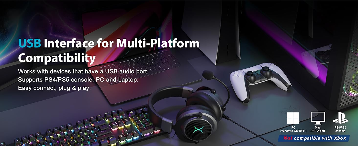 USB interface headphone for PC, PS4/5 console, Laptop and MAC USB-A port.